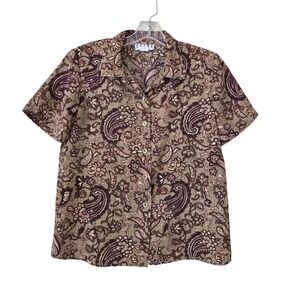 Erena Petite Brown Paisley Floral Button Up Blouse Short Sleeve Top Size 10